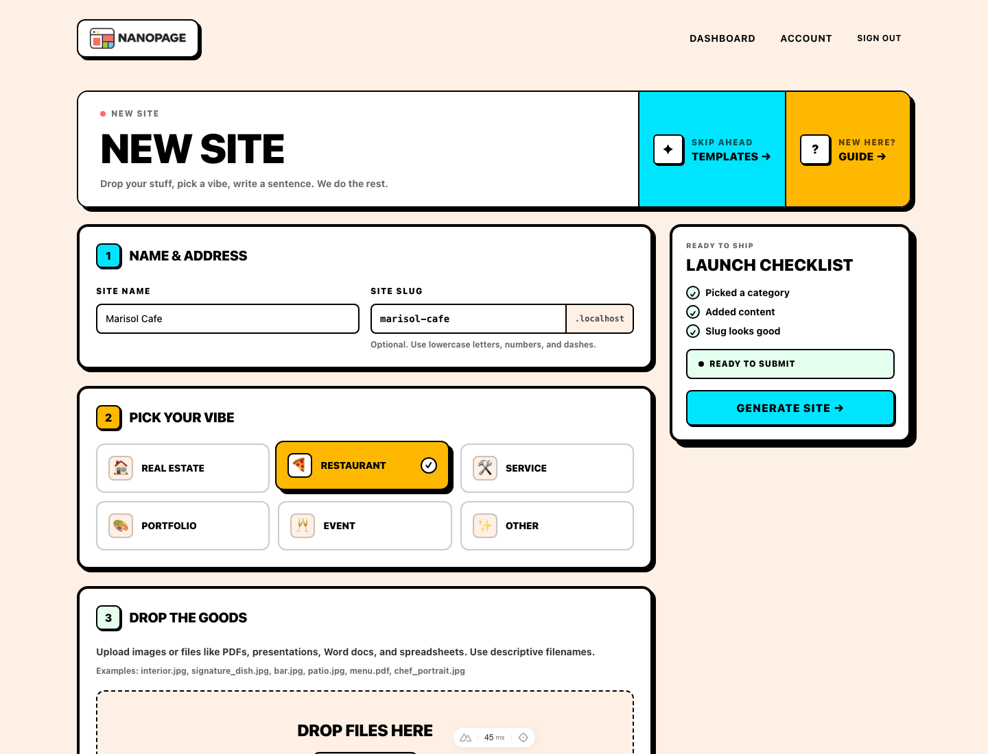 Nanopage new site form with a cafe site name, restaurant category, upload area, description field, and launch checklist.