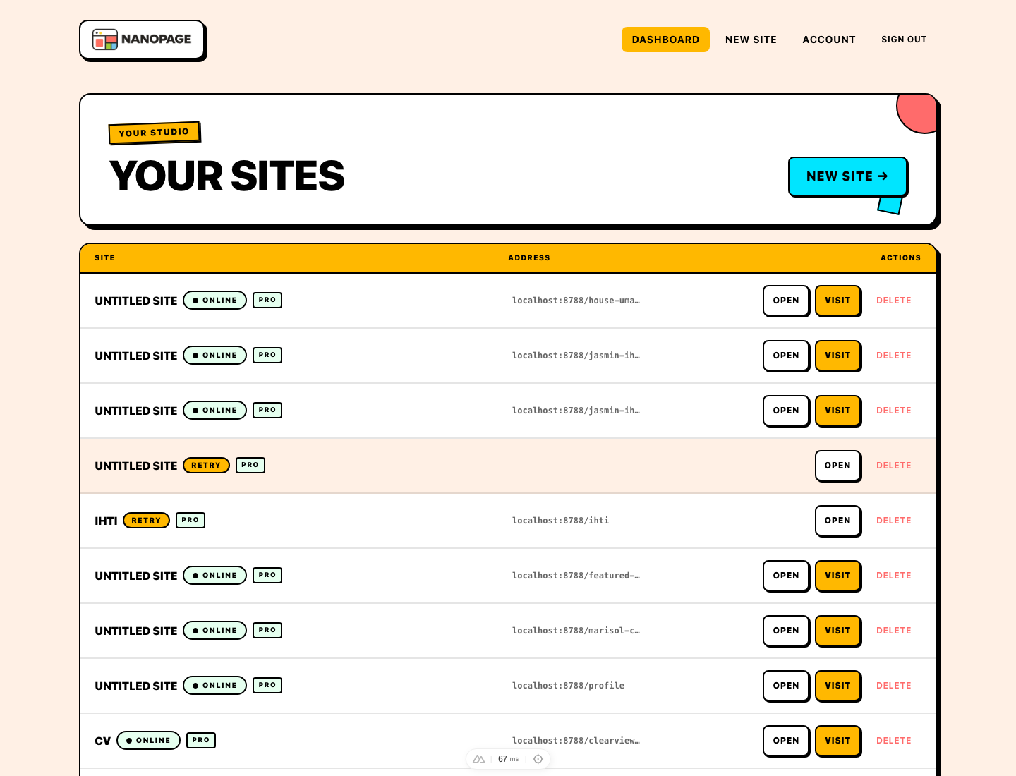 Nanopage dashboard showing your sites with online status, addresses, open and visit buttons, and delete actions.