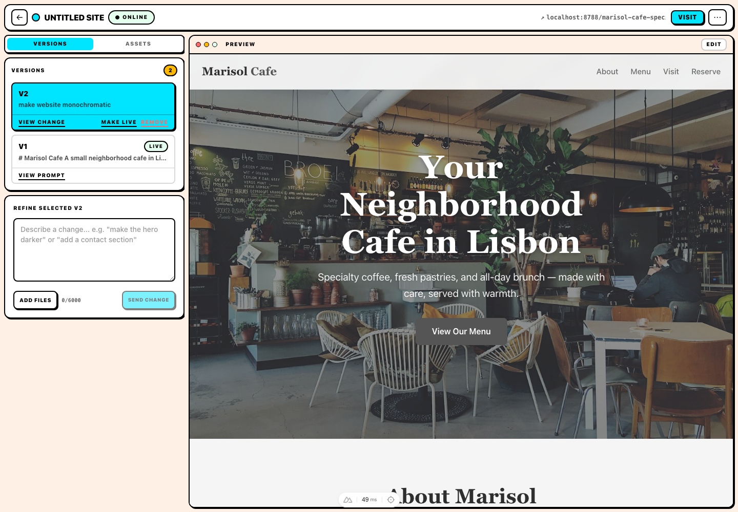 Nanopage site workspace with version tabs, assets tab, live preview pane, refinement chat, and visit button.
